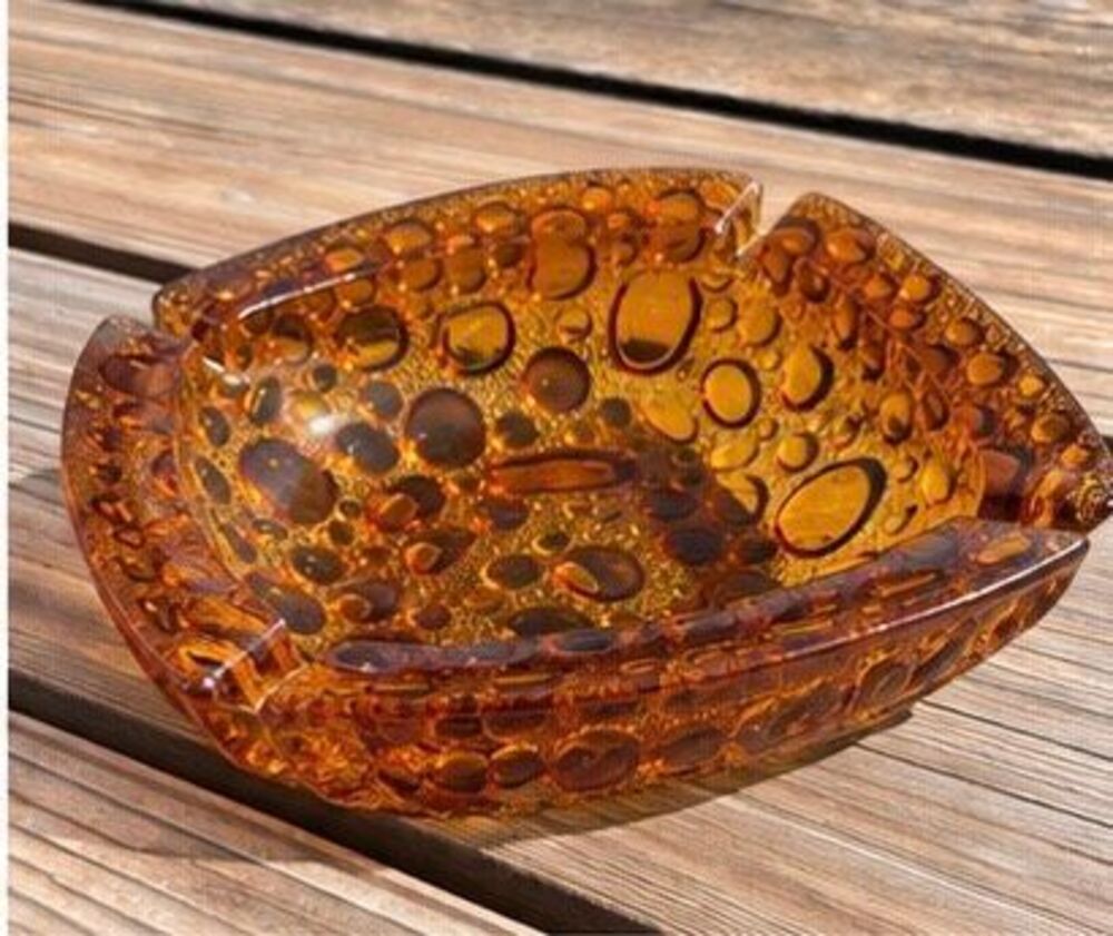 Vintage MCM Amber Bubble Art Glass Ashtray Heavy 4 Rest Retro Catchall Decor